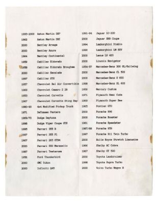 GONE IN 60 SECONDS (2000) - Lot #153 : Mike Papac Collection: Randall "Memphis" Raines‘ (Nicolas Cage) List of 50 Cars