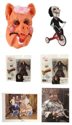 SAW FRANCHISE (2004-PRESENT) - Lot #1079 : Year of the Pig Mask with Creator- and Cast-Autographed Billy Bobblehead, Jigsaw Killer Action Figures, and Stills