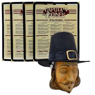 Thanksgiving Capotain Diner’s Pilgrim Hat, Pilgrim Mask & 4 Menus | VIP Fan Auctions