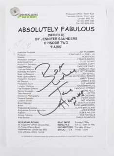 Lot 4519 - Jane Horrocks - Absolutely Fabulous by Jennifer Saunders, ‘Episode Two Paris‘, signed to the front…