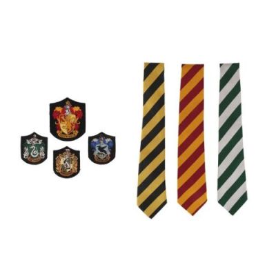 HARRY POTTER AND THE SORCERER‘S STONE (2001) - Lot #823 : Gryffindor, Slytherin and Hufflepuff House Ties, Three Standard House Patches and One Large Gryffindor Patch