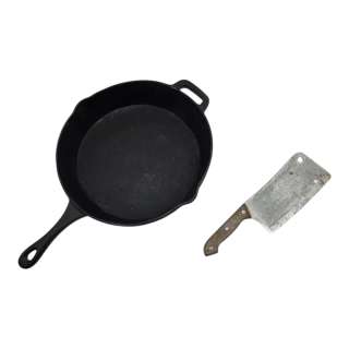 Novocaine Ben (Evan Hengst) Screen Used Prop Frying Pan & Prop Meat Cleaver | VIP Fan Auctions