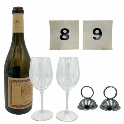 Lot 48: The Drama Charlie & Emma Screen Used Wine Bottle, Glasses, 9 & 8 Paper & (2) Paper Table Card Holder | VIP Fan Auctions