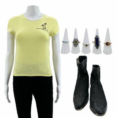 Lot 205: Poker Face Season 2 Charlie Cale Screen Worn Stunt Double T-Shirt, Pants, (5) Rings & Boots Ch 1 Sc Multiple Ep 202 | VIP Fan Auctions
