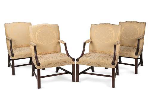 The Crown | A set of four bespoke mahogany framed Gainsborough-type armchairs in the George II-styleFirst seen in Season 1, in the Audience Room set (4) | Bonhams
