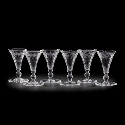 Lot 30 - A set of six matched clear glass goblets, in the 18th century style Made by The Glassmakers, for Season 2 (6) | Bonhams