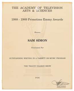Emmy Nomination for ’’The Tracey Ullman Show’’ Given to Sam Simon in 1989 -- From the Sam Simon Estate | Nate Sanders