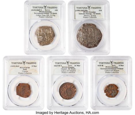 Group of (5) Certified Cob Reales Treasure Coins from Pirates of the Caribbean Franchise (Walt Disney, 2006-2017). (Total: 5 Items) | Heritage