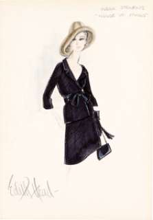 House of Cards (Universal, 1968), Inger Stevens "Anne" Costume Sketch for a Black Coat-Dress with Fur Hat by Edith Head.