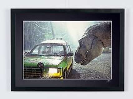 Jurassic Park - T-Rex Attack | Jurassic Park - T-Rex Attack - Fine Art Photography - Luxury Wooden Framed 70X50 cm - Limited Edition Nr 01 of 30 - Serial ID 16931 - Original Certificate (COA), Hologram Logo Editor and QR Code | Catawiki