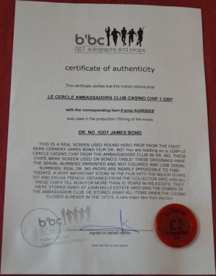 James Bond 007: Dr. No - Original screen used original poker chip Le Cercle Casino 1 Pound Poker Chip Something more than