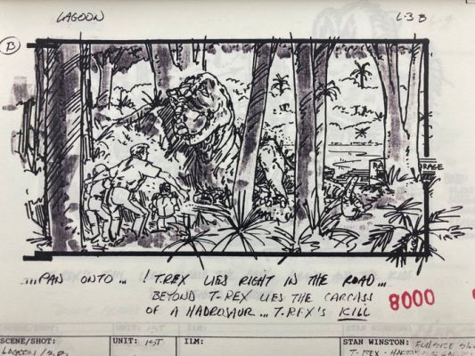 Jurassic Park - 83 Storyboards - T-Rex at the lagoon scene - Universal Pictures | Catawiki
