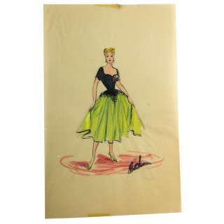 I Love Lucy | Elois Jenssen Black & Green Formal Gown Costume Sketch for Lucille Ball | Blacksparrow
