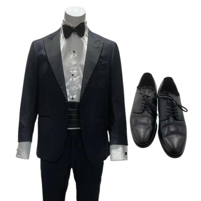 Blink Twice Vic Screen Worn Casual Suit, Button-Up Shirt, Buttons, Cufflinks, Cummerbund, Bow Tie & Dress Shoes Ch 1 Sc 10 | VIP Fan Auctions