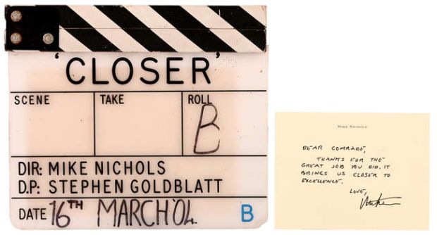 Closer (2004) Original Production used Clapperboard; with related Autographed Note of Thanks… | Ewbank’s