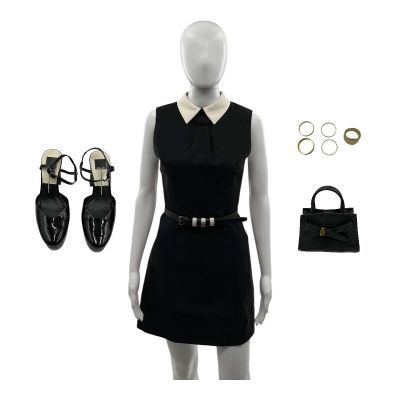 Lot 176: Crime 101 Madeleine Screen Worn Dress, Belt, 5 Piece Ring Set, Heels & Purse Ch 1 Sc 52 | VIP Fan Auctions
