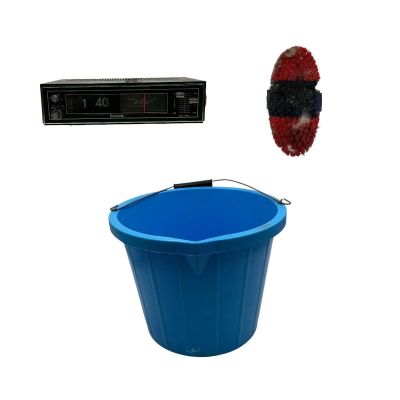 Lot 99: The Sheep Detectives George Hardy Screen Used Brush, Clock Radio & Bucket | VIP Fan Auctions