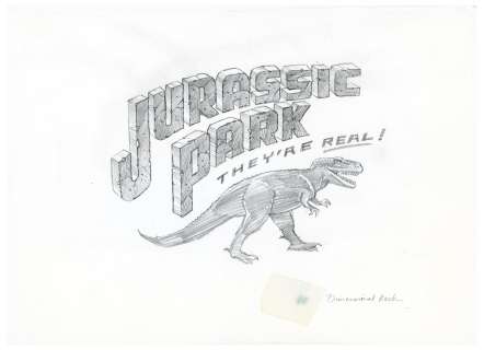 Original ’’Jurassic Park’’ Production Sketch Created in Development for the 1993 Film -- Drawing Shows a T-Rex With the Tag Line, ’’They’re Real!’’ | Nate Sanders