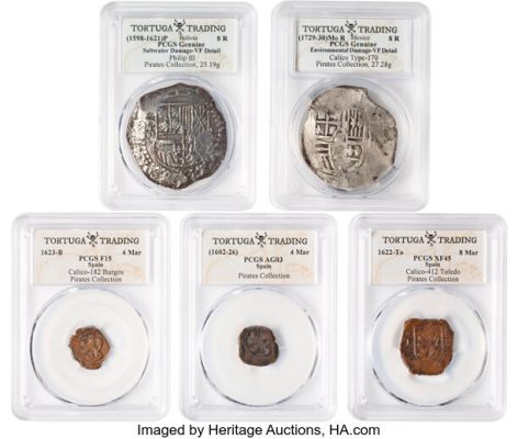 Group of (5) Certified Cob Reales Treasure Coins from Pirates of the Caribbean Franchise (Walt Disney, 2006-2017). (Total: 5 Items) | Heritage