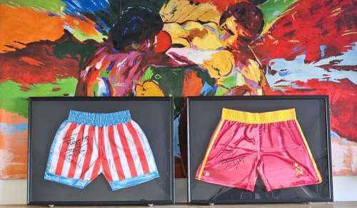 Rocky IV - Sylvester Stallone (Rocky Balboa) & Dolph Lundgren (Ivan Drago) - Double Signed Replica Shorts (Framed) - with COA Authentic Signings | Catawiki