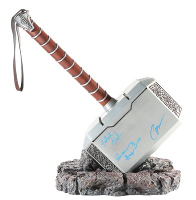 Anthony Hopkins as Odin, Natalie Portman as Jane Foster, & Chris Evans as Captain America in Avengers: Endgame (SWAU / Official Pix / Beckett Witnessed) Signed Heavy Metal & Leather Prop Replica Mjolnir Hammer | SWAU