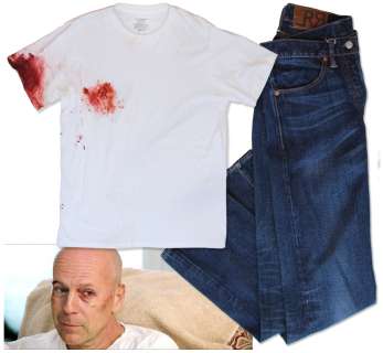 Bruce Willis Screen-Worn Wardrobe From ’’RED’’ -- White T-Shirt Distressed With Prop Blood For Action Scences | Nate Sanders