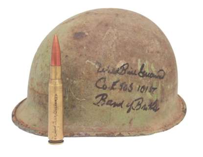 Lot 496 - Band of Brothers Wild Bill Guarnere Autographed Army Helmet & Bullet (2) (JSA)