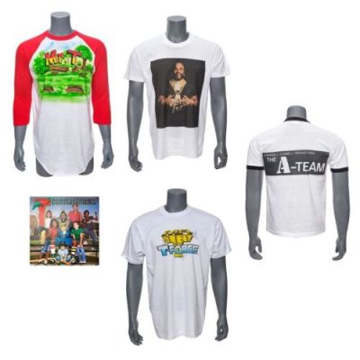 MR. T - Lot #412 : Set of Four The A-Team, Mr. T and the T-Force, and Mr. T Crew and Promotional Shirts with "Mr. T‘s Commandments" Record Cover