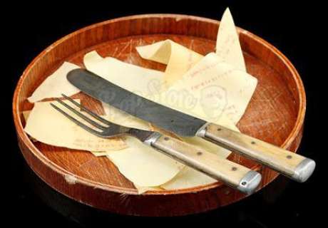 Hellraiser: Judgment | The Assessor’s (John Gulager) Fork, Knife, Plate and Paper "Skin" | Propstore