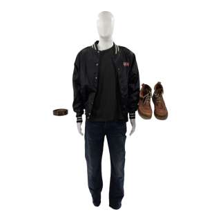 Heels Jack Spade Stephen Amell Screen Worn Belt, Wedge Workboots, Varsity Jacket, Jeans & T-Shirt Ch 2 Sc 10-13 Ep 201 | VIP Fan Auctions
