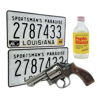 Lot #18: Maxxxine John Labat (Kevin Bacon) Screen Used Prop Rubber Gun, License Plates & Pepto Bismol Bottle