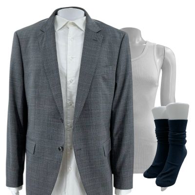 Lot 96: Mercy Chris Raven Production Worn Suit Jacket, Button-Up Shirt, Tank Top & Socks Ch 20 Sc Multiple | VIP Fan Auctions