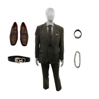 Lot 146: Crime 101 Sammy Screen Worn Suit Jacket, Button-Up Shirt, Suit Pants, Tie, Pocket Square, Belt, Ring, Bracelet & Loafers Ch 1 Sc 17-25 | VIP Fan Auctions