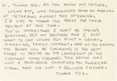 Succession (HBO® Original, 2018-2023) Sarah Snook "Shiv Roy" Press Announcement of Logan‘s (Brian Cox) Death from Season 4, Episode 3: "Connor‘s Wedding".