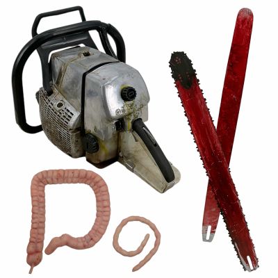 Lot #81: Onslaught Cockroach & Celeste Screen Used Stunt Chainsaw Head, (2) Plastic Chainsaw Blades & (2) Guts