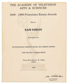 Emmy Nomination for ’’The Tracey Ullman Show’’ Given to Sam Simon in 1990 -- From the Sam Simon Estate | Nate Sanders