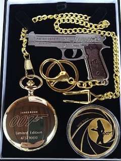 James Bond | James Bond - Lot of 3 - Limited Edition 24K Gold plated Pocket Watch + 24K Coin + Handgun keyring | Catawiki