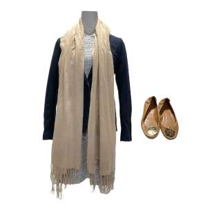 Lot #86 – Hustlers Elizabeth Julia Stiles Screen Worn Jacket Dress Scarf Necklace Bracelet Earrings & Shoes Ch 6 Sc 211212