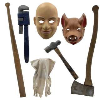 Dark Harvest Mask, Pig Mask, White Men Mask, Flat End Bat, Axe, Hammer & Pipe Wrench | VIP Fan Auctions