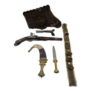 The Great Sultan ’s Billy Postlethwaite Belt, Necklace w/ Ears, Prop Pistol, Prop Curved Knife w/ Sheath, Knife & Prop Knife | VIP Fan Auctions