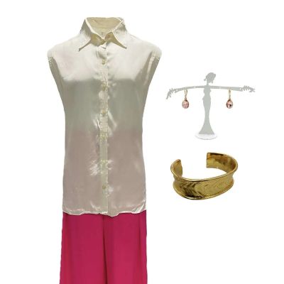 Blink Twice Stacy Screen Worn Sleeveless Button-Front Shirt, Zip-Front Pants, Earrings & Bracelet Ch 2,4 Sc 88-148 | VIP Fan Auctions