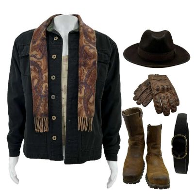 Lot #155: Play Dirty Grofield Production Worn Jacket, Tank Top, Gloves, Belt, Scarf, Boots & Hat
