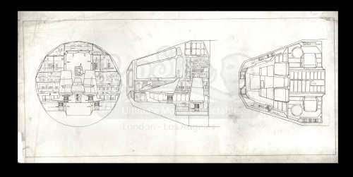 Harry Lange Auction - Lot 67 - Hand-Drawn Front, Side and Plan Views of Millennium Falcon Cockpit Interior
