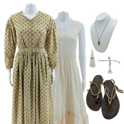 Lot 193: The Bluff Elizabeth Screen Worn Dress, Dress Petticoat, Sandals, Necklace, Earrings & Ring Ch 1 Sc Multiple | VIP Fan Auctions