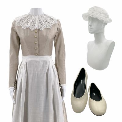 Lot 91: Wuthering Heights Thrushcross Grange Maid Deleted Scene Dress, Collar, Apron, Bonnet & Shoes | VIP Fan Auctions