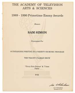 Emmy Nomination for ’’The Tracey Ullman Show’’ Given to Sam Simon in 1990 -- From the Sam Simon Estate | Nate Sanders