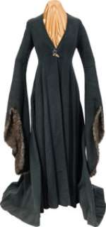 Catelyn Stark (Michelle Fairley) Dark Green Overcoat and Tully Fish Pin from Game of Thrones (HBO® Original 2011-2019, Season 1).