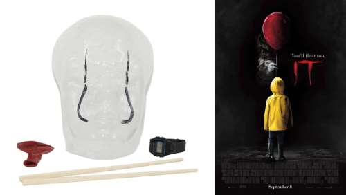 Stephen King’s IT Prop LOT - Creature Pennywise Production Makeup Lifecast Mask, Balloon, Missing Child’s Watch, & Chopsticks Movie - 2017 | SWAU