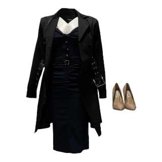 Lot #138 – Hustlers Destiny Constance Wu Screen Worn Coat Dress Earrings & Shoes Ch 53 Sc 220