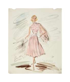 Lot 764 - Grace Kelly | Alfred Hitchcock Initialed "To Catch A Thief" Edith Head Pink Dress Costume Illustration (With DVD)